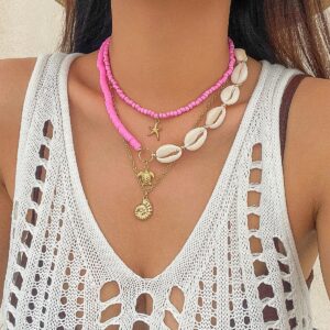 Boho Pink Conch Starfish Turtle Pendant Seed Bead Necklace Set - ArtGalleryZen