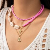 Boho Pink Conch Starfish Turtle Pendant Seed Bead Necklace Set - ArtGalleryZen