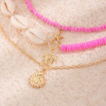 Boho Pink Conch Starfish Turtle Pendant Seed Bead Necklace Set - ArtGalleryZen