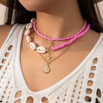 Boho Pink Conch Starfish Turtle Pendant Seed Bead Necklace Set - ArtGalleryZen
