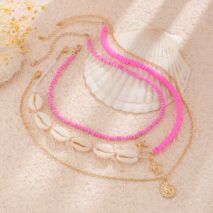 Boho Pink Conch Starfish Turtle Pendant Seed Bead Necklace Set - ArtGalleryZen