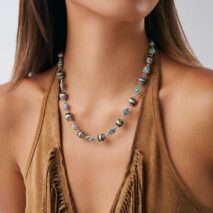 Boho Rhinestone Turquoise Flower Antique Silver Beaded Chain Necklace - ArtGalleryZen