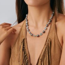 Boho Rhinestone Turquoise Flower Antique Silver Beaded Chain Necklace - ArtGalleryZen