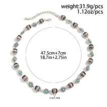 Boho Rhinestone Turquoise Flower Antique Silver Beaded Chain Necklace - ArtGalleryZen