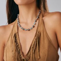 Boho Rhinestone Turquoise Flower Antique Silver Beaded Chain Necklace - ArtGalleryZen