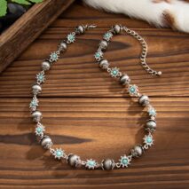 Boho Rhinestone Turquoise Flower Antique Silver Beaded Chain Necklace - ArtGalleryZen