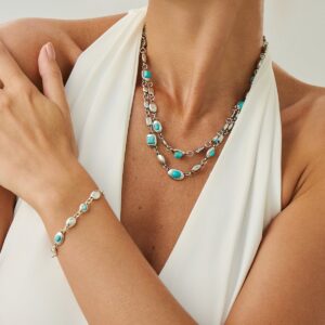 Boho Silver Tone Turquoise Inlaid Necklace Bracelet - ArtGalleryZen