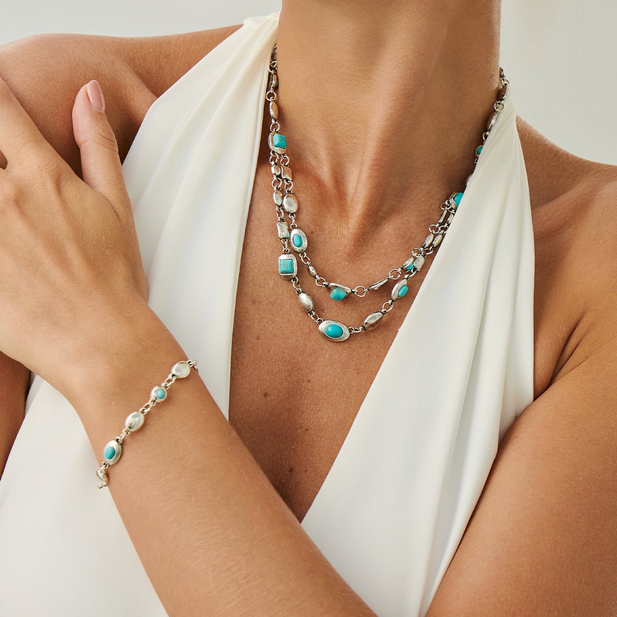 Boho Silver Tone Turquoise Inlaid Necklace Bracelet - ArtGalleryZen