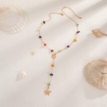 Boho Starfish Shell Pendant Turquoise Stone Chain Y Necklace - ArtGalleryZen