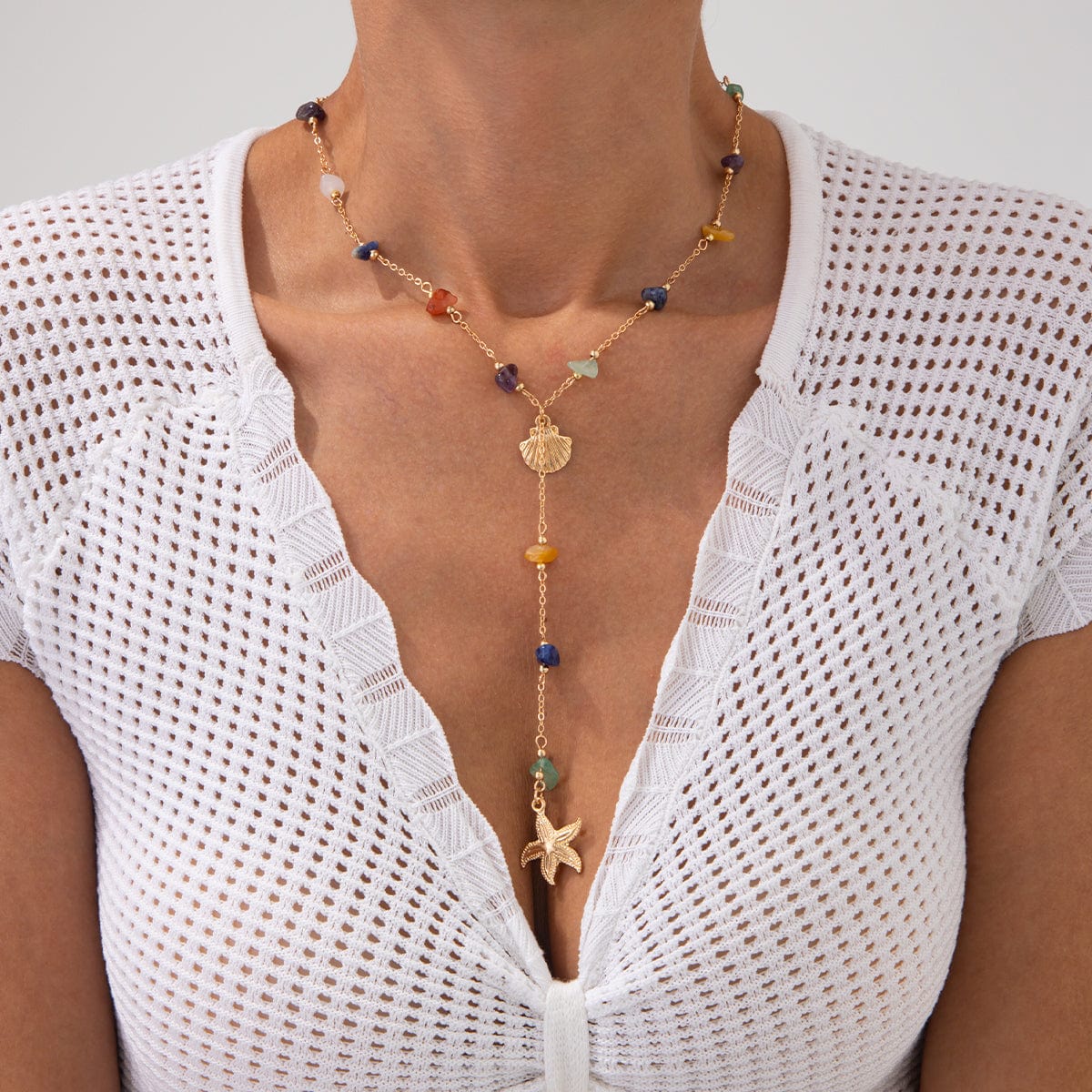 Boho Starfish Shell Pendant Turquoise Stone Chain Y Necklace - ArtGalleryZen