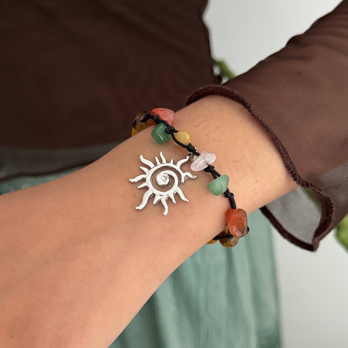 Boho Sun Charm Turquoise Stone Wax Cord Bracelet - ArtGalleryZen