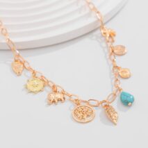 Boho Tree Owl Elephant Turquoise Pendant Necklace - ArtGalleryZen