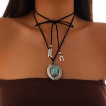 Boho Turquoise Inlaid Cowboy Hat Boot Horseshoe Pendant Velvet Necklace - ArtGalleryZen