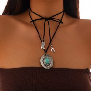 Boho Turquoise Inlaid Cowboy Hat Boot Horseshoe Pendant Velvet Necklace - ArtGalleryZen