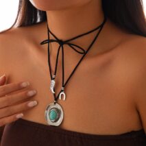 Boho Turquoise Inlaid Cowboy Hat Boot Horseshoe Pendant Velvet Necklace - ArtGalleryZen