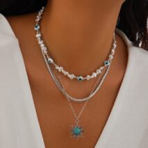 Boho Turquoise Sun Pendant Evil Eye Pearl Chain Necklace Set - ArtGalleryZen