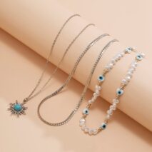 Boho Turquoise Sun Pendant Evil Eye Pearl Chain Necklace Set - ArtGalleryZen