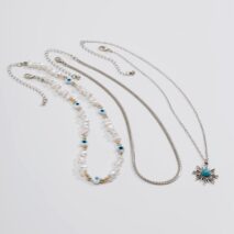 Boho Turquoise Sun Pendant Evil Eye Pearl Chain Necklace Set - ArtGalleryZen