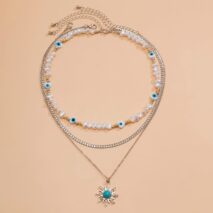 Boho Turquoise Sun Pendant Evil Eye Pearl Chain Necklace Set - ArtGalleryZen