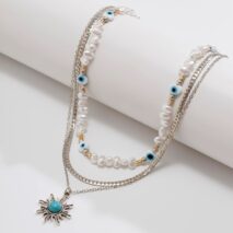 Boho Turquoise Sun Pendant Evil Eye Pearl Chain Necklace Set - ArtGalleryZen