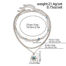 Boho Turquoise Sun Pendant Evil Eye Pearl Chain Necklace Set - ArtGalleryZen