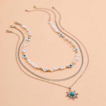 Boho Turquoise Sun Pendant Evil Eye Pearl Chain Necklace Set - ArtGalleryZen