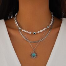 Boho Turquoise Sun Pendant Evil Eye Pearl Chain Necklace Set - ArtGalleryZen