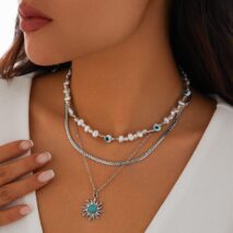 Boho Turquoise Sun Pendant Evil Eye Pearl Chain Necklace Set - ArtGalleryZen