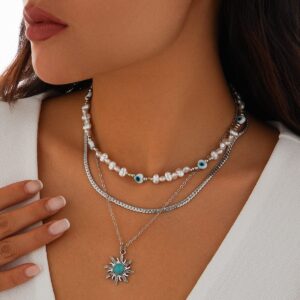 Boho Turquoise Sun Pendant Evil Eye Pearl Chain Necklace Set - ArtGalleryZen