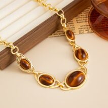 Brown Resin Inlaid Curb Chain Choker Necklace Chunky Statement Jewelry - ArtGalleryZen