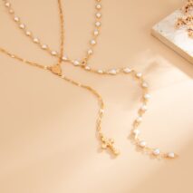 Charming 2pcs Cross Pendant Pearl Chain Y Necklace Set - ArtGalleryZen