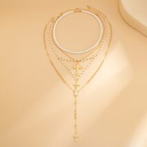 Charming 4pcs Cross Pendant Pearl Long Chain Y Necklace Set - ArtGalleryZen