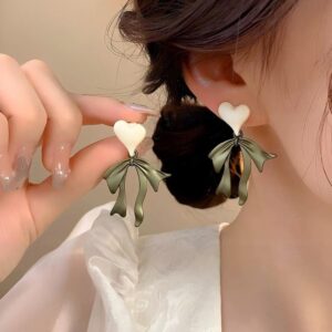 Charming Enamel Heart Dangling Ribbon Bowknot Earrings - ArtGalleryZen