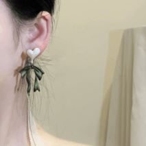 Charming Enamel Heart Dangling Ribbon Bowknot Earrings - ArtGalleryZen