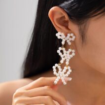 Charming Pearl Beaded Bowknot Dangle Earrings - ArtGalleryZen