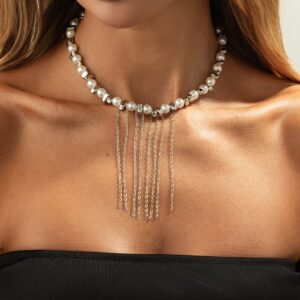 Charming Pearl Irregular Beaded Chain Tassel Choker Necklace Bracelet - ArtGalleryZen