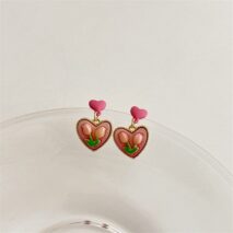 Chic 24K Gold Filled Resin Pink Tulip Heart Pendant Pearl Chain Necklace Earrings Set - ArtGalleryZen