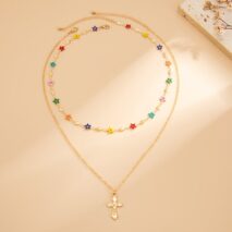 Chic 2pcs Cross Pendant Colorful Star Chain Necklace Set - ArtGalleryZen