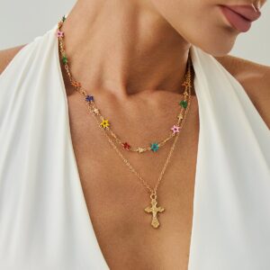 Chic 2pcs Cross Pendant Colorful Star Chain Necklace Set - ArtGalleryZen