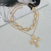 Chic 2pcs Gold Tone Pearl Inlaid Cross Pendant Necklace Set - ArtGalleryZen