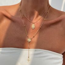 Chic 2pcs Pattern Round Disk Cross Pendant Saturn Chain Y Necklace Set - ArtGalleryZen