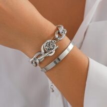 Chic 2pcs Silver Tone Toggle Clasp Relief Round Disk Charm Bracelet Set - ArtGalleryZen