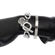 Chic 2pcs Silver Tone Toggle Clasp Relief Round Disk Charm Bracelet Set - ArtGalleryZen