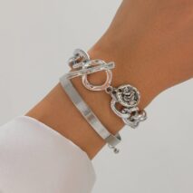Chic 2pcs Silver Tone Toggle Clasp Relief Round Disk Charm Bracelet Set - ArtGalleryZen