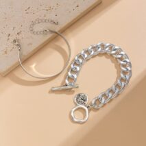 Chic 2pcs Silver Tone Toggle Clasp Relief Round Disk Charm Bracelet Set - ArtGalleryZen