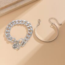 Chic 2pcs Silver Tone Toggle Clasp Relief Round Disk Charm Bracelet Set - ArtGalleryZen