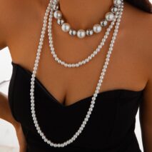Chic 2Pcs Two Tone Pearl Long Chain Necklace Set - ArtGalleryZen