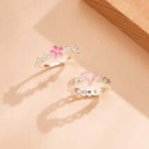 Chic 2 Pieces Enamel Flower Opal Heart Ring Set - ArtGalleryZen