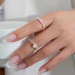 Chic 2 Pieces Enamel Flower Opal Heart Ring Set - ArtGalleryZen