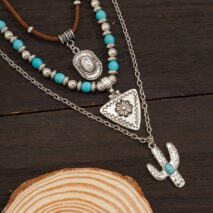Chic 3Pcs Cactus Cowboy Hat Floral Pendant Turquoise Necklace Set - ArtGalleryZen